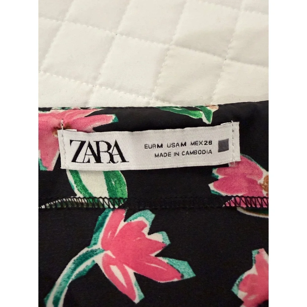 Zara Womens Floral Print Satin Midi Skirt Black Pink High Waist Slit Size Medium